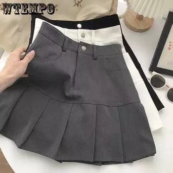 WTEMPO однотонные лоскутные плиссированные юбки с высокой талией, женские весенне-летние ретро вечерние клубные мини-юбки с карманами S чёрный
