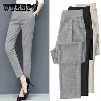 WTEMPO, однотонные повседневные брюки из хлопка и льна, женские весенне-летние тонкие свободные брюки с высокой талией Harlan, повседневные брюки прямого кроя S бежевый