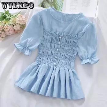 WTEMPO однотонные шифоновые рубашки, женские летние французские приталенные модные модные топы с короткими рукавами и бусинами, уличная одежда S зелёный