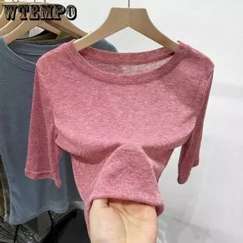 WTEMPO однотонные тонкие футболки с короткими рукавами и круглым воротником, женские летние корейские тонкие повседневные универсальные топы, уличная одежда S серый