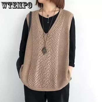 WTEMPO Однотонные трикотажные жилеты женские свободные большие размеры ажурные без рукавов свитера с V-образным вырезом пуловеры ретро повседневные джемперы One Size чёрный