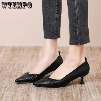 WTEMPO Однотонные туфли на высоком каблуке. Женские весенне-осенние туфли на тонком каблуке с острым носком, плиссированные, из мягкой кожи, на мягкой подошве, дышащие туфли на среднем каблуке. 35 чёрный