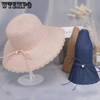 WTEMPO Однотонные весенне-летние повседневные широкополые шляпы для женщин, солнцезащитные шляпы для пляжа и улицы с жемчужным бантом 1pc розовый