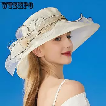 WTEMPO однотонные весенне-летние широкополые шляпы женские уличные дышащие складные пляжные солнцезащитные сетчатые шляпы церковные британские свадебные шляпы для чаепития 1pc бежевый