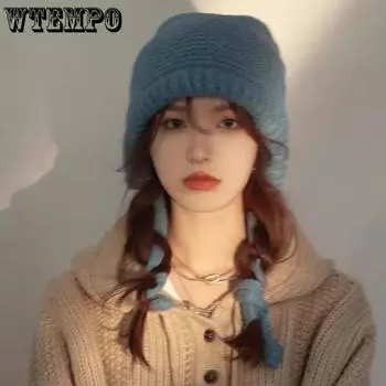 WTEMPO Однотонные вязаные шапки большого размера, женские теплые шерстяные шапки с защитой от ушей, эластичные, универсальные, повседневные, многофункциональные шапки One Size чёрный
