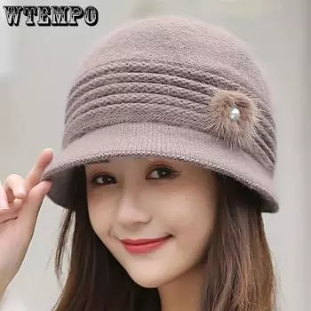 WTEMPO Однотонные вязаные шапки с большим обхватом головы и жемчужным цветком, женские зимние мягкие универсальные повседневные мягкие шерстяные теплые шапки One Size серый