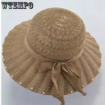 WTEMPO однотонные жемчужные шляпы от солнца летние женские соломенные пляжные шляпы защита от солнца дышащие модные элегантные панамы 1pc абрикосовый