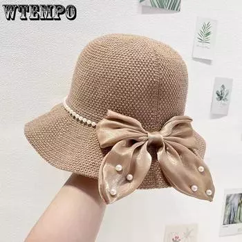 WTEMPO Однотонные женские элегантные складные шляпы-ведра с жемчугом и бантом, с широкими полями для отдыха, путешествий, пляжа, лета 1pc хаки