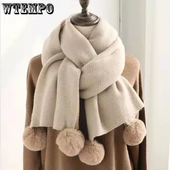 WTEMPO Однотонный вязаный шарф Hairball, осенне-зимний женский длинный теплый универсальный утолщенный ветрозащитный шарф One Size хаки
