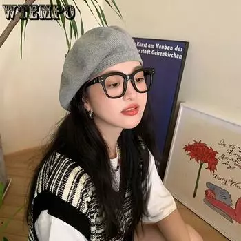 WTEMPO Office Ladies Large Solid Color Kniited Beret Women s Autumn Winter Windproof Elegant Woolen Hats One Size хаки
