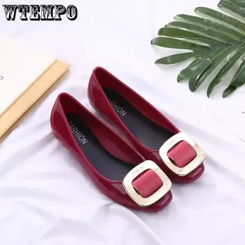 WTEMPO Office Ladies Metal Decor Solid Color Casual Single Shoes Large Size PVC Waterproof Non-slip Thick Heel Work Shoes 36 чёрный