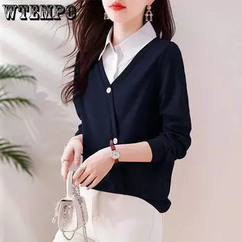 WTEMPO Office Lady Autumn Winter Large Size Solid Color Knitted Pullovers Women Casual Versatile Turn-down Collar Sweater Tops M розовый