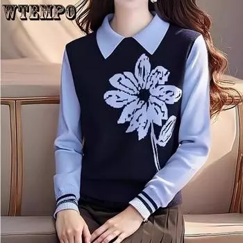 WTEMPO Office Lady Jacquard Weave Blue Fake Two-pieces Knitwear Sweater Women Autumn Winter Turn Down Collar Sweater Tops S синий