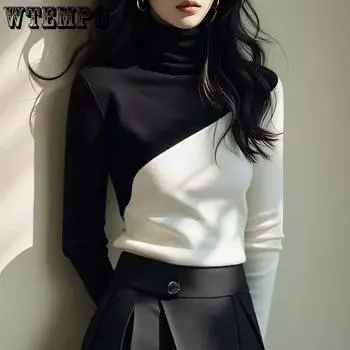 WTEMPO Office Lady Long Sleeve Black White Contrast Color T-shirt Autumn Winter Casual Turtleneck Kloose Bottom Tops S чёрный