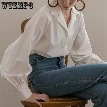 WTEMPO Офисные женские белые шикарные ретро элегантные рубашки с V-образным вырезом весна осень с длинным рукавом повседневные универсальные топы на пуговицах блузки S белый