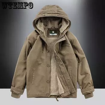WTEMPO Осень-зима Большие размеры Стеганые куртки Мужские Большие Бархатные Однотонные Хлопковые Куртки Куртки С Капюшоном Из Ягненка Флисовые Куртки M чёрный