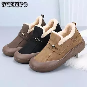 WTEMPO Осень-зима Большие размеры Теплые плюшевые туфли без застежек Женские хлопковые повседневные однотонные мягкие туфли на толстом каблуке 36 чёрный
