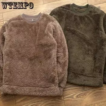 WTEMPO Осень-зима, большой размер, мужские свитера с круглым вырезом, теплые двухсторонние, кораллового цвета, бархатные, однотонные, флисовые толстовки, универсальное повседневное пальто M кофейный