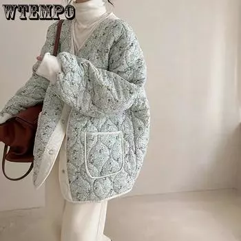 WTEMPO Осень-зима Хлопковые куртки Harajuku Streetwear Плотная рабочая одежда Большие размеры Цветочный принт V-образный вырез Хлопковые стеганые пальто S розовый