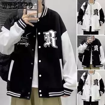 WTEMPO осень-зима мужская бейсбольная куртка с буквенным принтом, воротником-стойкой, свободная однобортная куртка в уличном стиле с эластичными полосатыми манжетами, подходящая по цвету мужская куртка M чёрный