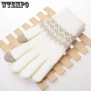 WTEMPO Осень-зима однотонные жаккардовые вязаные перчатки с полным пальцем женские универсальные повседневные эластичные шерстяные перчатки 1 pair чёрный