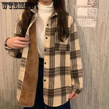 WTEMPO осень-зима утолщенные плюшевые клетчатые рубашки женские винтажные шикарные свободные повседневные теплые рубашки пальто с пуговицами S чёрный