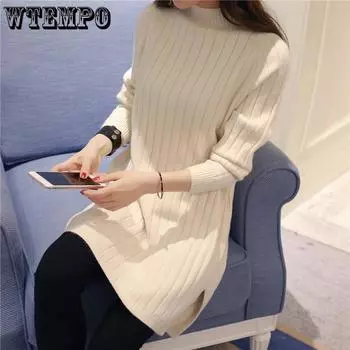 WTEMPO Осень-зима вязаные нижние свитера повседневные однотонные трикотажные изделия средней длины тонкие эластичные платья-пуловеры One Size чёрный