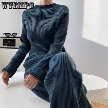 WTEMPO Осень-зима, женские комплекты из 2 предметов, вязаный спортивный костюм, свитер с круглым вырезом и длинные широкие спортивные штаны, пуловеры, костюмы One Size чёрный
