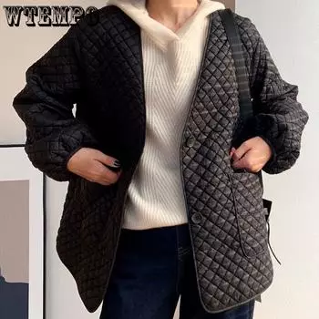 WTEMPO Осень-зима женские однотонные толстые теплые пуховые пальто с круглым вырезом, ветрозащитные, холодостойкие, большого размера, с хлопковой подкладкой M чёрный