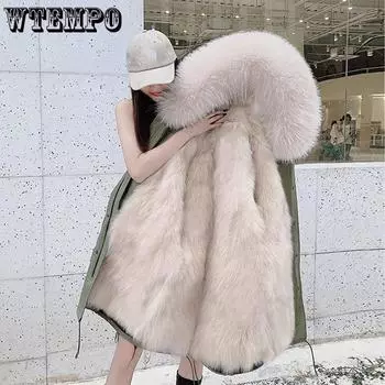 WTEMPO Осень-зима Женские свободные съемные пальто с подкладкой из искусственного меха, большие размеры, однотонные повседневные куртки с капюшоном, женские теплые длинные парки M чёрный