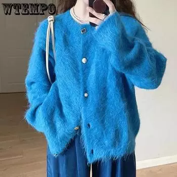 WTEMPO осень-зима женское утепленное плюшевое пальто с круглым вырезом теплого синего цвета большого размера ветрозащитная утепленная искусственная меховая куртка с пуговицами S синий