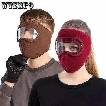 WTEMPO Осенне-зимние однотонные теплые флисовые маски ветрозащитные, морозостойкие, ветрозащитные, противотуманные, с высоким разрешением, очки для лица One Size синий