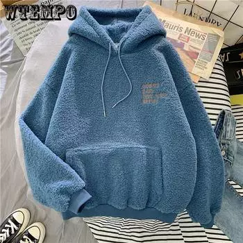 WTEMPO Осенне-зимние пальто, розовые милые толстовки с капюшоном и принтом Harajuku, свободные толстовки с карманами, женские фланелевые пуловеры M абрикосовый