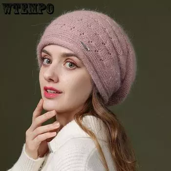 WTEMPO Осенне-зимние шерстяные теплые шапки-бини женские элегантные многофункциональные вязаные шапки большого размера теплые береты для мам One Size чёрный