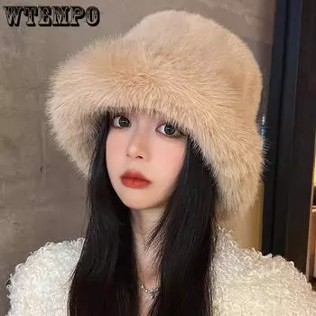 WTEMPO Осенне-зимние утолщенные искусственные меховые теплые большие шапки женские повседневные универсальные винтажные панамы для защиты ушей 56-60cm хаки