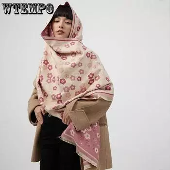 WTEMPO Осенне-зимний ретро-принтованный элегантный большой шарф женский толстый теплый ветрозащитный холодостойкий длинный шарф-шаль 65*185cm синий