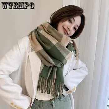 WTEMPO Осенне-зимний винтажный кашемировый клетчатый шарф, устойчивый к холоду, ветрозащитный, универсальный, повседневный, теплый парный шарф с кисточками 70*200cm чёрный