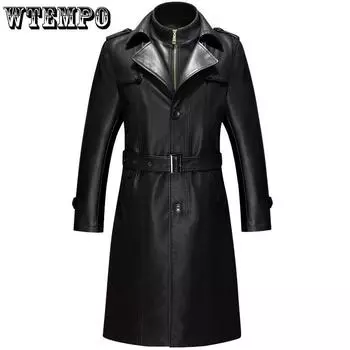 WTEMPO Осенне-зимняя теплая ветровка из искусственной кожи с плюшем, мужская ветрозащитная, морозостойкая, с отложным воротником, на молнии, длинное пальто M чёрный