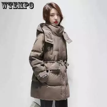 WTEMPO Уличные однотонные свободные толстые теплые пуховики женские с капюшоном большого размера на молнии с хлопковой подкладкой и карманами S чёрный