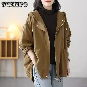 WTEMPO пальто для женщин размера плюс, осенняя свободная повседневная куртка с капюшоном и большим карманом, универсальная тонкая ветровка на молнии с длинными рукавами M дубильная кора