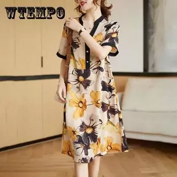 WTEMPO Plus Size Платье Лето с коротким рукавом V-образный вырез Платье Повседневная длина до колена XXXL