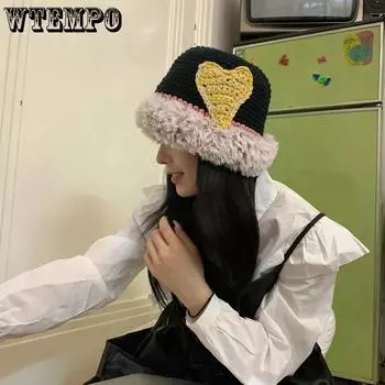 WTEMPO Plush Warm Bucket Hats Women Retro Love Pattern Jacquard Weave Woolen Hats Autumn Winter Warm Ear Protection Hats One Size чёрный
