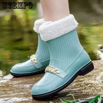 WTEMPO Плюшевые резиновые сапоги женские короткие резиновые сапоги с мягкой подошвой плюс бархатная водонепроницаемая обувь для женщин и взрослых нескользящая кухонная водонепроницаемая резиновая обувь для женщин 36 чёрный