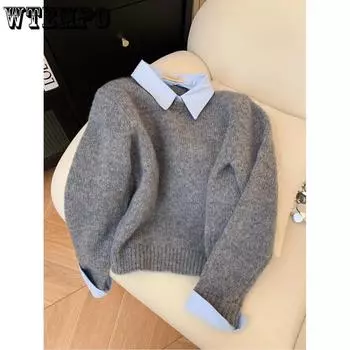 WTEMPO Поддельный двухсекционный отложной свитер-рубашка женский осенне-зимний контрастный цветной лацкан серый свитер-топ S серый