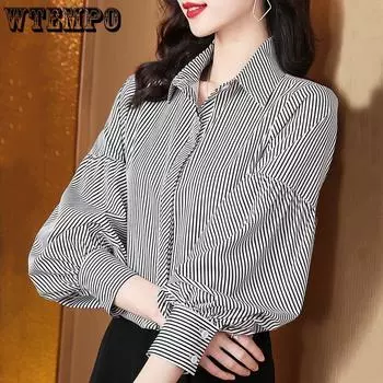 WTEMPO полосатая шифоновая рубашка женская корейская мода верхняя темпераментная универсальная рубашка с длинными рукавами S синий