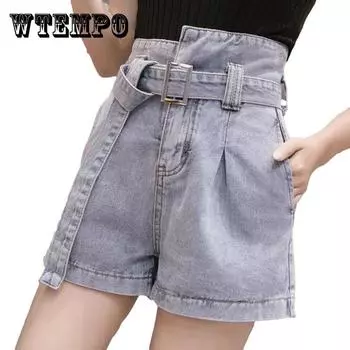WTEMPO пояс высокой Waist джинсовые шорты женщины Широкая нога-линия Тонкий Curled Нижняя Случайные шорты XXL чёрный