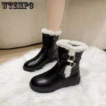 WTEMPO Повседневные однотонные большие размеры теплые морозостойкие плюшевые ПУ-сапоги на молнии из искусственной кожи ботильоны для женщин осень-зима 36 чёрный