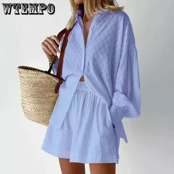 WTEMPO повседневные свободные рубашки и шорты, женский костюм из 2 предметов, белая блузка, шорты, летние женские наряды с рукавами-фонариками S розовый