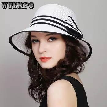 WTEMPO Повседневные универсальные элегантные стильные соломенные шляпы от солнца, летние стильные женские широкополые пляжные шляпы с полосатым бантом 1pc