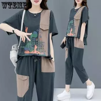 WTEMPO повседневный комплект из двух предметов с принтом, комплект со свободными брюками, женские костюмы L синий